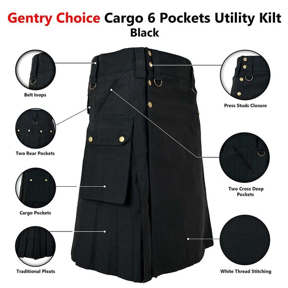 Black 6-Pocket Kilt for Men  Scottish Cargo, Boxing Day Gift - Picture 7 of 8